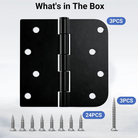 Three Pack Matte Black 4 Inch Door Hinges Beefy Heavy Duty Iron Exterior And Interior With Five Eighth Inch Radius And Square Corners Removable Pin Supports 60LB Rustproof No Squeak Fits Most Doors For Front Garage And Bedroom, 3 hinges and screws