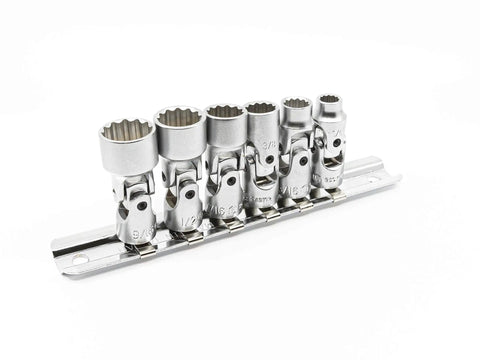 Six-Piece 1 Quarter Inch Drive SAE Universal Hand Socket Set With Rail Holder, 12-Point, CR-V Steel, Flexible Universal Joint