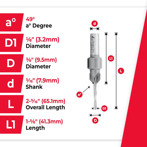 Clean Cutting Countersink And Drill Combo Bit with 5/16 inch round shank, 1/8 inch diameter, 2-9/16 overall length.