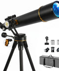 90mm Aperture Telescope With 700mm Focal Length, Go-To Pro Level Beginner Kit showing telescope, tripod, adapters, and carry bag