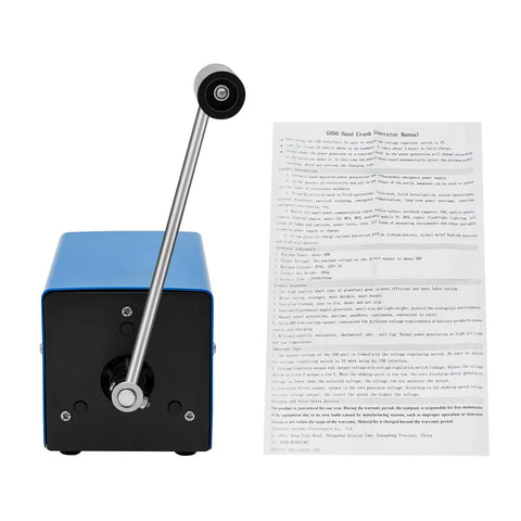 Portable USB Hand Crank Power Generator For Off Grid Emergencies, 20W Manual Charger shown with user manual