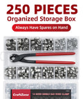 250 Piece Single Ear Hose Clamp Kit with storage box and red-handled pliers, showing organized stainless clamps in various sizes.