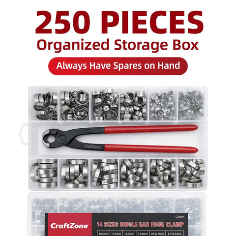 250 Piece Single Ear Hose Clamp Kit with storage box and red-handled pliers, showing organized stainless clamps in various sizes.