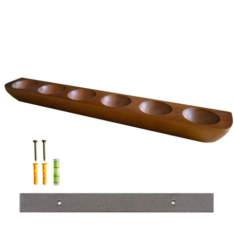 Wood Golf Ball Display Case For Six Balls With Wall Mount Or Tabletop Stand, shown with installation kit and mounting bracket