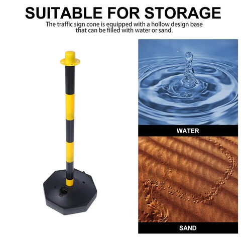 Heavy Duty Elastic Warning Bollard Post With Rock Solid Bounce Back Shield For Tight Parking Spots features a hollow base for water or sand.
