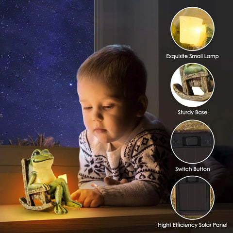Child admiring Mini Frog Garden Statue With Solar Lights, Cute Fairy Garden Decor, Outdoor Yard Ornament in starry night setting.