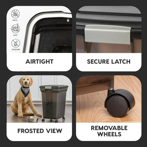 Zero Fuss Built Tough Pet Food Storage Container Keeps Dry Kibble Crisp All Week Long Smoke Black Airtight Lidded Bin Holds Fifty Eight Pounds Made In Usa For Cats And Dogs