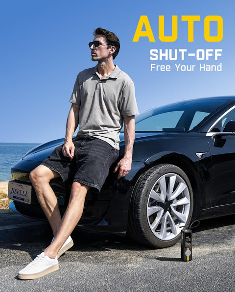 Man with X8 APEX EV Tire Inflator Portable Air Pump next to electric car under blue sky