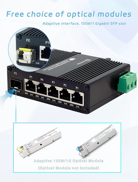Industrial Grade Mini Gigabit Ethernet Switch With SFP Slot, Din Rail Mount, Five 1000Mbps RJ45 Ports and 1G SFP Fiber Port
