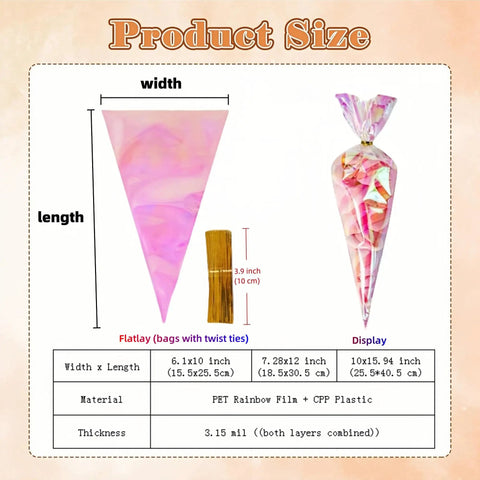 50 Pack Cone Shaped Clear Cellophane Treat Bags With Twist Ties display showing size and material details