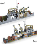 Front and back view of Epic Military Base Building Set With 710 Pieces For Kids 9-12 Transformable Battle Scene Kit Featuring Drone Anti Aircraft Guns Camouflage Weapons Sandbags Oil Tank Army Minifigure Combat Game Gift, showing detailed structure and weaponry.