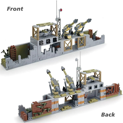 Front and back view of Epic Military Base Building Set With 710 Pieces For Kids 9-12 Transformable Battle Scene Kit Featuring Drone Anti Aircraft Guns Camouflage Weapons Sandbags Oil Tank Army Minifigure Combat Game Gift, showing detailed structure and weaponry.