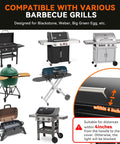Various barbecue grills compatible with magnetic LED grill light, designed for Blackstone, Weber, Big Green Egg, shown with size guidelines.
