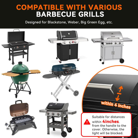 Various barbecue grills compatible with magnetic LED grill light, designed for Blackstone, Weber, Big Green Egg, shown with size guidelines.