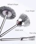 Three shapes of brushes from the 45 Piece Heavy Grade Stainless Steel Wire Brush Set For Drill And Rotary Tools.