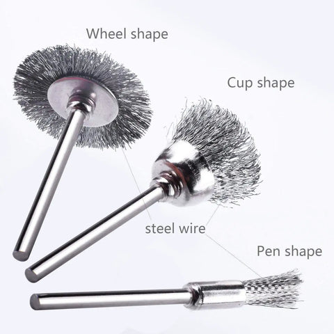 Three shapes of brushes from the 45 Piece Heavy Grade Stainless Steel Wire Brush Set For Drill And Rotary Tools.
