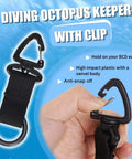 Hand holding Scuba Octopus Mouthpiece Holder Silicone Octopus Keeper for 2nd Stage Regulator with clip against blue background