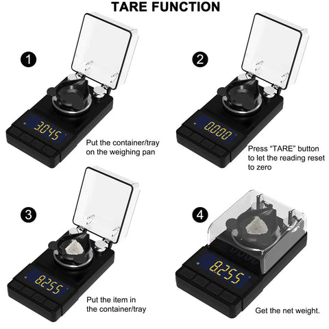 Steps to use tare function on Ultra Precise 50g Digital Milligram Scale With 0.001g Readout For Reloading, Compact Black Powder Scale