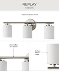 Three Light Etched Glass Modern Bath Vanity Light in Polished Nickel Finish, cylindrical etched shades, Replay Collection