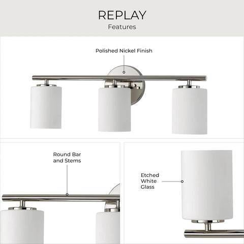 Three Light Etched Glass Modern Bath Vanity Light in Polished Nickel Finish, cylindrical etched shades, Replay Collection