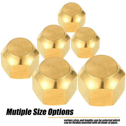 Brass pipe cap fittings (6 pcs) with hexagonal bodies, front view.