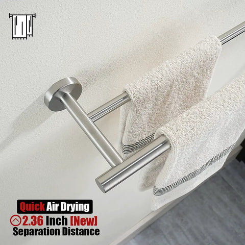 Sturdy Stainless Steel Towel Bar For The Bathroom No More Folding Towels Twenty Point Five Inch Total Length With Eighteen Inch Usable Bar 304 Grade Thick Tube And Posts Brushed Finish Wall Mount Rust Resistant Easy Install, top view with towels hanging.