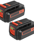 Rock Solid 40 Volt Replacement Battery Featuring A Sweet 3600 Mah Capacity And Heavy Duty Build That Delivers No Sweat Power For Outdoor Gear And Cordless Tools Right Out The Box In Bright Orange, showing two batteries with LED readouts.