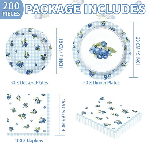 Awesome Blueberry Party Supplies 200 Piece Disposable Tableware Set Serves Fifty Includes Gingham Dessert Plates And Berry Napkins For Birthday Picnics That Hits Different And Gives Major Celebration Vibes, detailed view of plates and napkins.