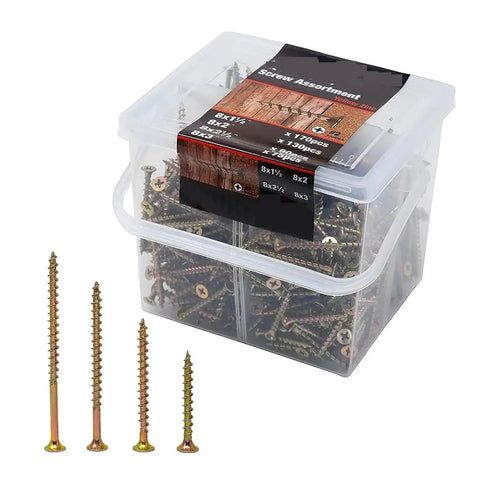 Coarse Thread Phillips Head Yellow Zinc Wood Screws Kit for Woodworking and DIY Projects Self Penetrating Spiral Insert Dual End Thread Linking for Concealed Tight Joints Includes Size Eight By One And A Half Inch To Eight By Three Inch 2 Boxes, assorted sizes in clear box