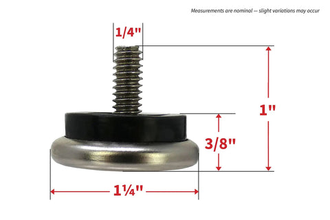 Beat The Wobble Instantly 1 1/4 Inch Round Floor Protectors with a steel base and screw threads for stabilizing furniture.