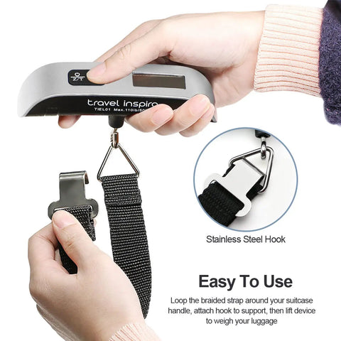 Hands using Hassle Free Travel Luggage Scale Portable Digital Hanging Baggage Scale With 110 Lb Capacity Lightweight Suitcase Weight Scale Battery Included Silver.