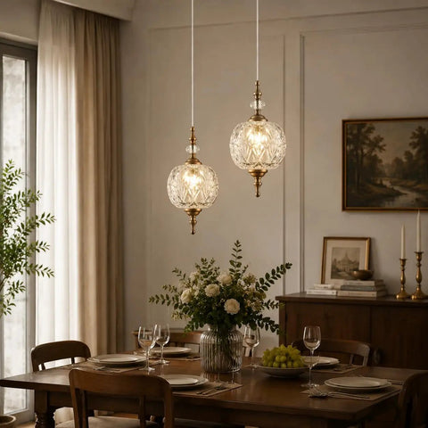 Antique Style Adjustable Glass Pendant Light Fixture With Brass Hardware For Kitchen Island And Dining Room over table