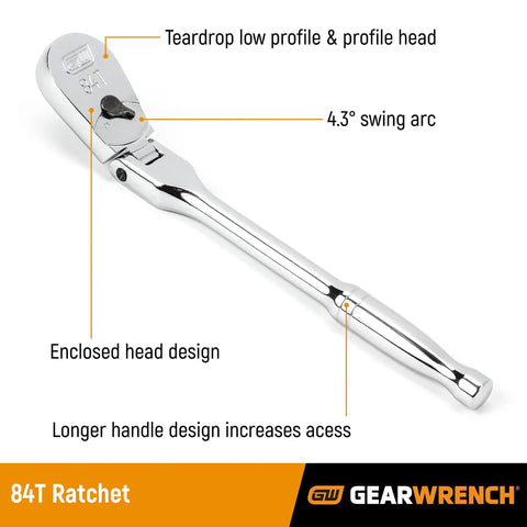 4 Piece Flex Handle Ratchet Set With 84 Tooth Ratchets, low profile teardrop heads, flush on off switch, bright chrome finish