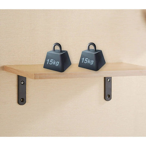 Top Tier Heavy Duty L Shaped Corner Brackets For Shelving Set Of 2 Black Metal Wall Mounts supporting a wooden shelf with weights.