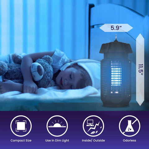 Outdoor Bug Zapper With Switch 4000V Electric Insect Killer for Backyard Patio shown in dim light next to sleeping child