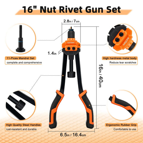 Rock Solid 16 Inch Rivet Nut Tool Kit With 110 Inserts And 11 Mandrels For Metric And Sae Bolts To Fix Your Ride Or Shop Projects With Ease Today, 16-inch hand tool with rubber grip