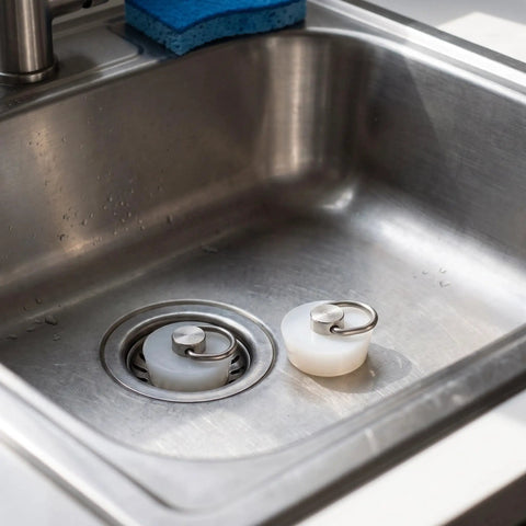 White Drain Stopper with Hanging Ring for Bathtub and Sink in a stainless steel sink, featuring silicone material and press plug design.