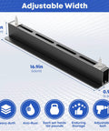 Adjustable width overhead garage storage rack system with dimensions, showing heavy duty ceiling rails for 27 gallon totes.