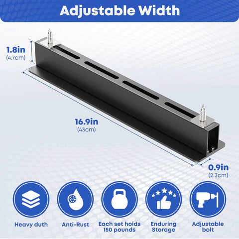 Adjustable width overhead garage storage rack system with dimensions, showing heavy duty ceiling rails for 27 gallon totes.