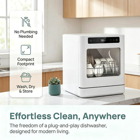 Compact Countertop Dishwasher With Four Smart Wash Cycles And Built In Water Tank Knocks Out Daily Cleanup Zero Hassle LED Display in modern kitchen.