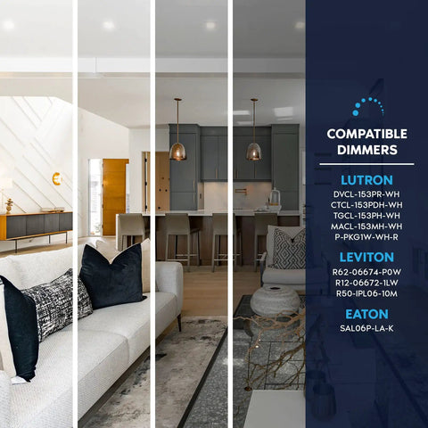 Modern living room with recessed lights, compatible dimmers list for 4 Inch Square LED Recessed Ceiling Light With Junction Box Included.