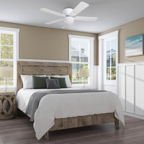 52 Inch Indoor Ceiling Fan With Light And LED Flush Mount 5 Blade Style In White Or Gray Oak Finish in bedroom setting