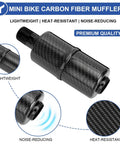 Carbon fiber mini bike muffler showcasing lightweight, heat-resistant, and noise-reducing features, premium quality highlighted.