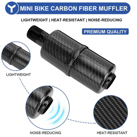 Carbon fiber mini bike muffler showcasing lightweight, heat-resistant, and noise-reducing features, premium quality highlighted.