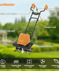 Beast Corded Garden Tiller Cultivator With Foldable Handle 14 Inch 12 Amp, highlighting safety and power features.