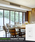 Motion Sensor Switch With 0-10V Dimming For Low Voltage Lighting, PIR Occupancy Sensor Controls 800W Ballast Or LED Driver, Single Pole Dimmer TDODS5-010 White, Auto On Off With Adjustable Dimming Levels For Offices And Home installed on a wall in a dining room.