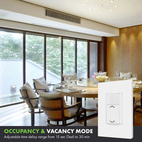 Motion Sensor Switch With 0-10V Dimming For Low Voltage Lighting, PIR Occupancy Sensor Controls 800W Ballast Or LED Driver, Single Pole Dimmer TDODS5-010 White, Auto On Off With Adjustable Dimming Levels For Offices And Home installed on a wall in a dining room.