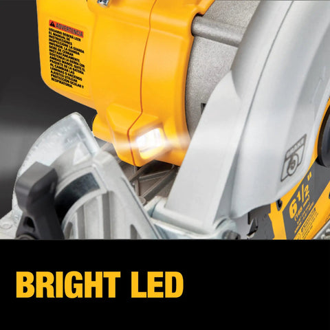 Close-up of Brushless 20V Max Cordless Circular Saw's LED light feature, enhancing visibility on the 6-1/2-Inch blade.