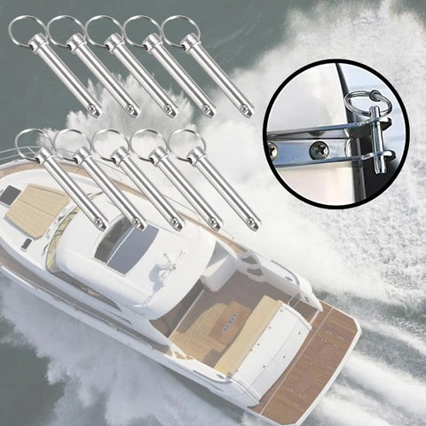 Heavy Duty Industrial Locking Pins Carbon Steel Fast Release Ball Detent Set With User Friendly Rings on a boat deck.