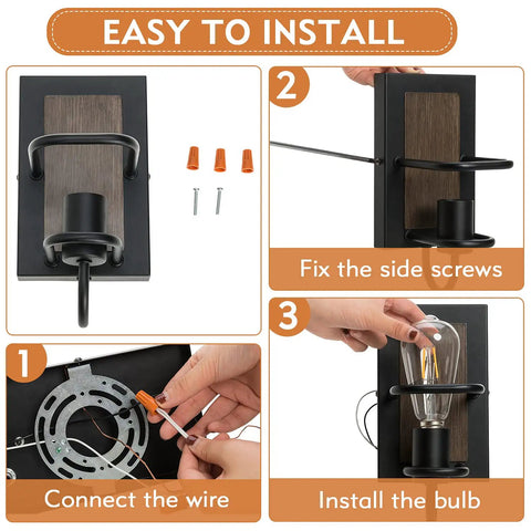 Installation guide for Modern Farmhouse Wall Light Fixture Wall Sconce In Wood And Matte Black Finish For Bathrooms.
